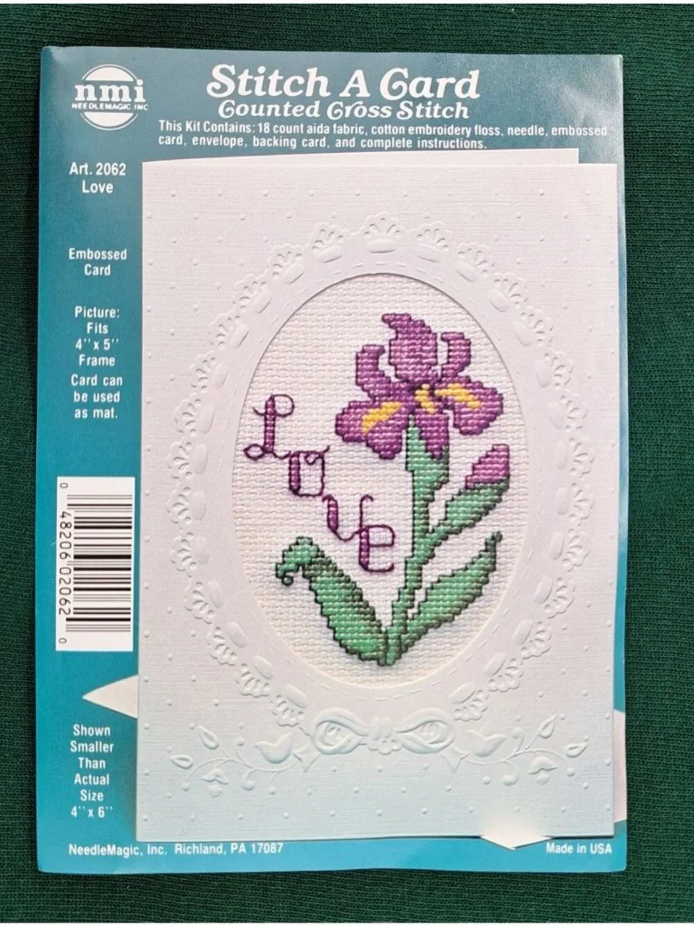 Vintage Handmade Card Counted Cross-Stitch Iris Embossed 2062 Love With Envelope